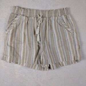 Briggs Shorts Womens Size Large Striped Drawstring Tasseled Linen Blend Beige